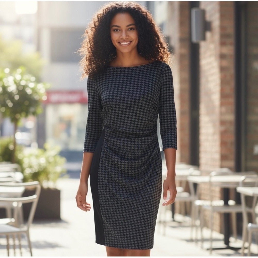 Lauren Ralph Lauren Houndstooth Ruched Sheath Dress Grey Black 16W Womens